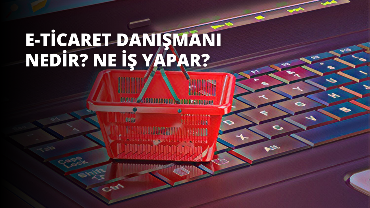 Beyaz bir klavyenin üzerinde kırmızı bir alışveriş sepeti duruyor. Sepet dokuma bir malzemeden yapılmıştır ve her iki yanında birer tane olmak üzere iki beyaz kulpu vardır. Sepetin ön tarafında Alışveriş Sepeti yazan beyaz bir metin bulunmaktadır. Sepetin kendisi klavyenin yaklaşık üçte ikisi kadar aşağıdadır. Klavye, siyah tuşlara sahip standart bir QWERTY düzenine sahiptir. Açık gri bir arka planın önündedir.