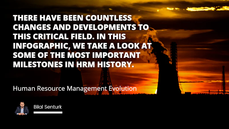 A bright and beautiful sunset is on the horizon with orange and yellow hues in the sky. It is filled with clouds, and in the foreground is a silhouette of a tall factory with a tower. A man in a suit and tie is standing in the foreground with a close up of white text on a black background. Further in the background is another black and white sign with white text. The overall scene is incredibly peaceful and stunning.