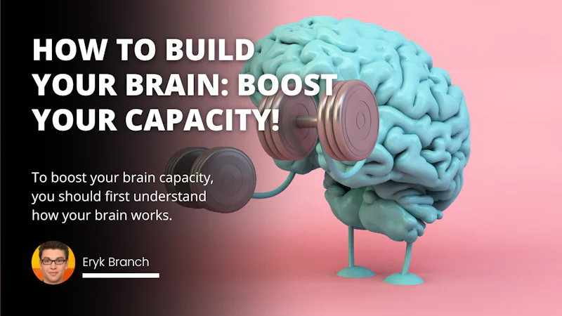 A brain with arms and legs is lifting a pair of black and grey weights. The brain is wearing glasses and has a cartoon-like expression on its face. The weights have a smooth, shiny surface and are held up in the air. In the background, there is a black and white background with white text. A close up of a blue object is also visible, with a pink background. The object appears to be a statue, with intricate details and a unique texture. This image could be used to create an image caption dataset which emphasizes the strength and determination of the brain.