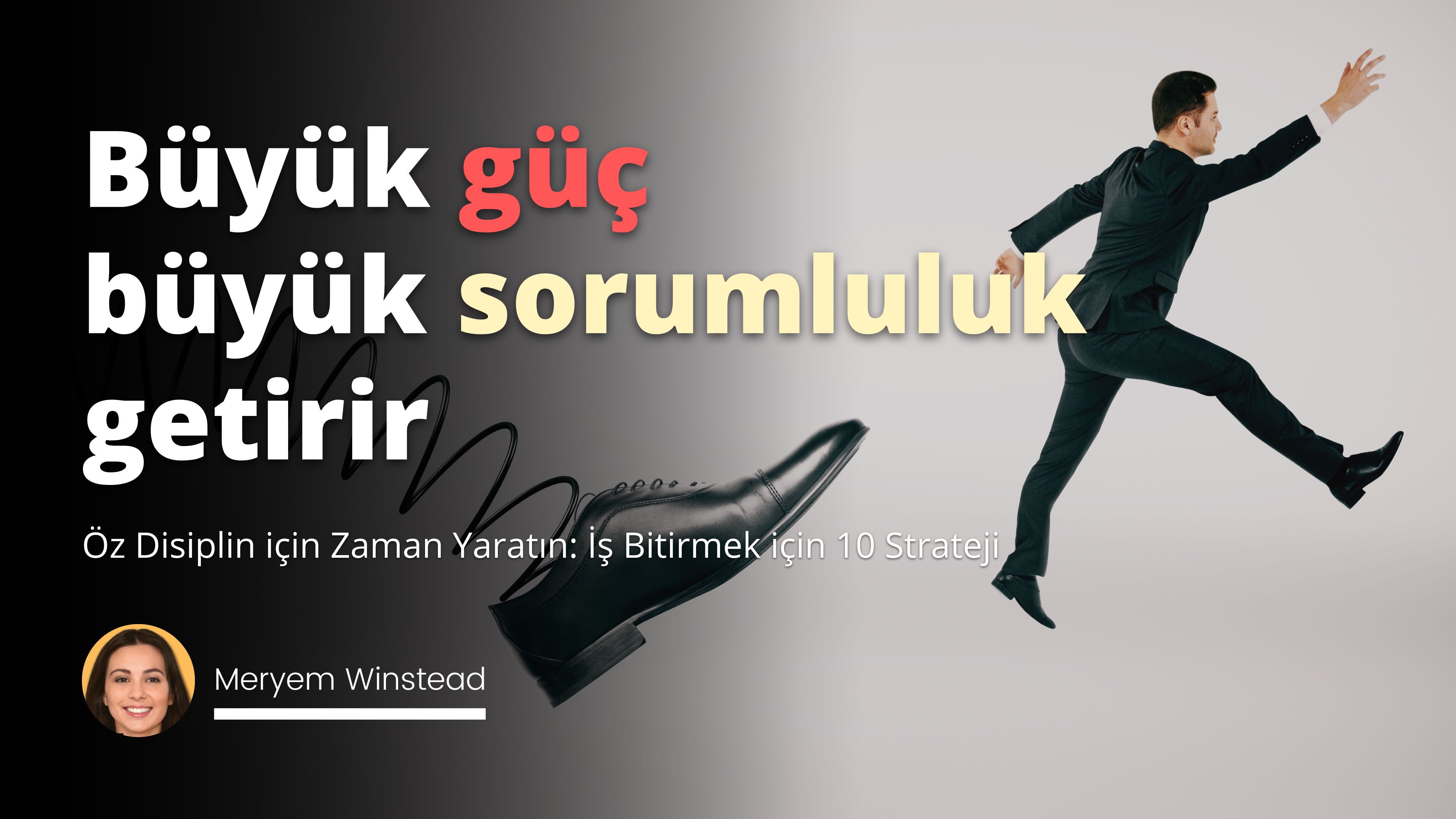 Takım elbiseli bir adam tek ayağını kaldırmış, beyaz bağcıklı siyah bir ayakkabıyı tekmelemeye hazır bir şekilde duruyor. Adamın yüzü kararlılık ve odaklanma ile doludur. Beyaz gömlekli ve siyah kravatlı siyah bir takım elbise giymiş olan adam ayakkabıya doğru koşuyor gibi görünmektedir. Arka planda, beyaz zemin üzerine siyah harf şeklinde bir logo ve siyah zemin üzerine sarı bir harf var. Ön planda ise siyah zemin üzerinde beyaz bir harfin yakın çekimi yer alıyor. Görüntü, siyah arka plan ve beyaz yazı ile bir ayakkabının yakın çekimidir. Adam hareket halinde yakalanmıştır ve ayakkabıyı tekmelemek üzereymiş gibi görünmektedir.
