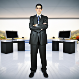 A portrait of a confident looking businessperson, standing tall in the middle of a modern office with their hands behind their back. The background should be filled with various objects related to the business world such as computers, documents, and phones.