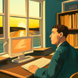 A young man in a suit, sitting at a desk with a laptop open to a course registration page, looking out of the window with determination and focus as the sun sets outside. Art style should be realistic, with bright colors and an atmosphere of hope and ambition.