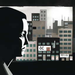 An illustration of a person standing in front of a window, looking out at a landscape filled with buildings and billboards. The person's face is partially obscured by the shadows of the buildings, giving the impression that something may be lurking beneath the surface. The style should feel muted and surreal, with muted colors and heavy use of black and white to create contrast and depth.