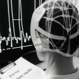 A black and white image of an EEG scan machine, with a person inside wearing the electrodes, overlaid with data points and lines to represent the analysis of brain electrical activity. Focus on the mysteriousness of what goes on in the mind and how neuro marketers are attempting to break this down into data points.