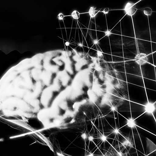 A black and white image of a brain with a neuron network running through it, overlaid by a grid of statistical data points to represent the data analysis of neuromarketing research