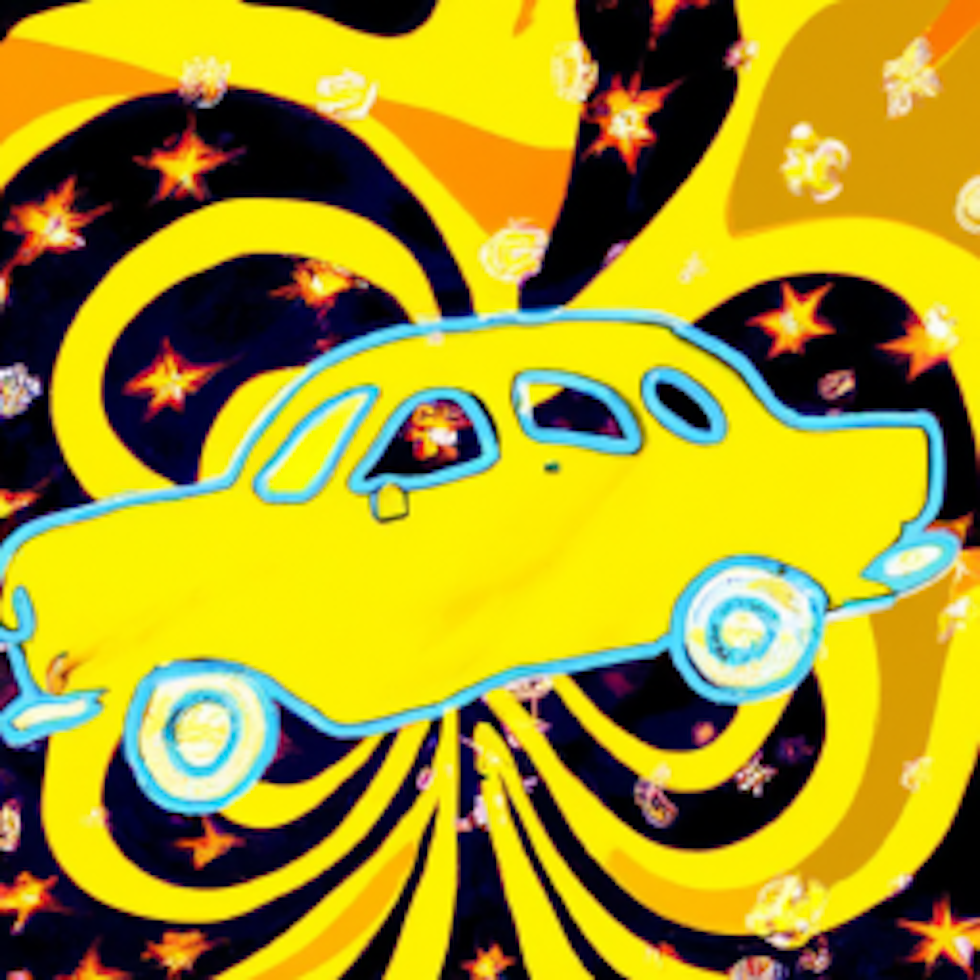 Sürrealist bir tarzda çizilmiş, dönen bir yıldız ve galaksi kütlesinin arasında havada asılı duran parlak sarı bir klasik araba. Soyut bir arka plan oluşturmak için renkli şekiller ve semboller kullanılmalıdır.