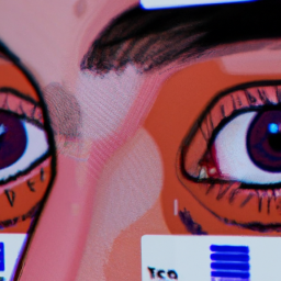 A close-up illustration of a person’s eyes, with the reflection of a computer monitor showing analytics graphs and numbers, emphasizing the power of data to measure impact. Art style should be detailed realism.