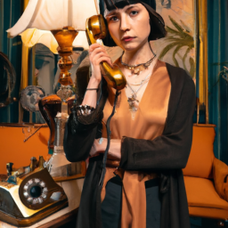 An influencer stands in a vintage style living room wearing a modern outfit, surrounded by art deco furniture and accessories from the 1920s-1930s. She looks confidently at the camera with a slight smirk as she holds an old-fashioned phone up to her ear. The style of the image should be heavily influenced by surrealism, with a dreamy color palette featuring pastel tones, warm highlights and cool shadows.
