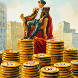 An oil painting of a successful influencer sitting atop a stack of coins as they count their earnings from a brand’s campaign, with the brand's logo prominently displayed in the background. The painting should have a classical feel, with warm colors and detailed brushwork.