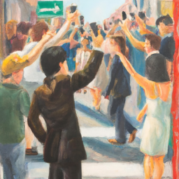 An oil painting depicting an influencer in the middle of a busy city street surrounded by people doing everyday activities; some are walking by while others are looking at their phones or engaging in conversations. The influencer is holding up both hands to emphasize that they are not only aware of their surroundings but also part of them — signifying their importance to a successful marketing campaign. This piece should be painted with loose brushwork and vibrant colors inspired by Post-Impressionist works like those by Paul Cézanne or Vincent Van Gogh.