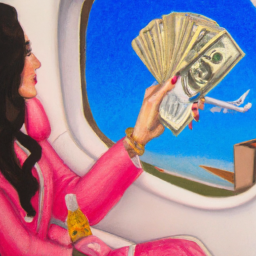 An oil painting depicting an influencer in flight on a private jet, holding onto a stack of cash while looking out the window at the view below them. The background should be filled with bright blues and pinks as they soar through the sky, emphasizing their luxurious lifestyle enabled by their payment for influence.