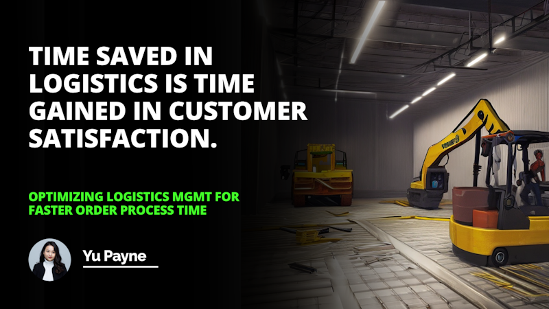 A yellow and black construction equipment is situated in a large warehouse. The equipment has a yellow body with a black trim and a large wheel at the front. The background of the image is a black wall with white text on it, and a yellow and black banner hangs from the ceiling. There is also a woman in a white turtleneck and black jacket standing in the foreground. On the black wall, there is a white letter 'O' and a letter 'D' both on a black background. In the bottom left corner, there is also a green text on a black background. The image captures the industrial setting of the warehouse with the machinery and the person present.