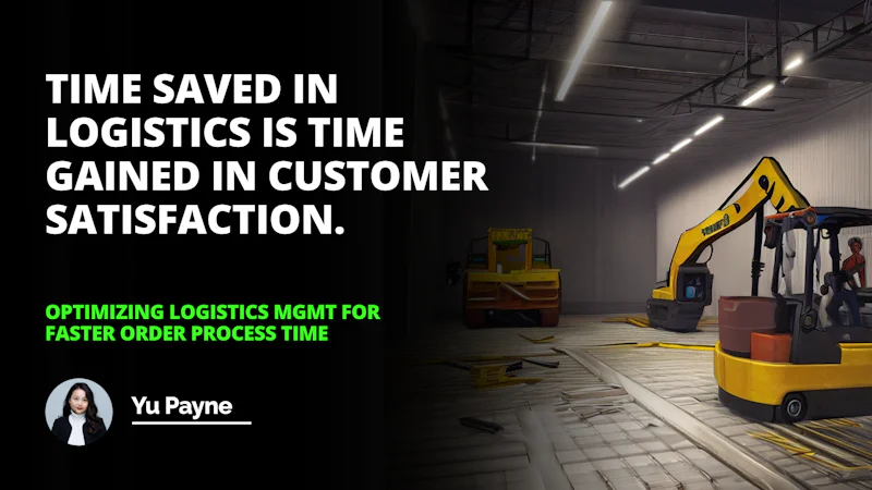 A yellow and black construction equipment is situated in a large warehouse. The equipment has a yellow body with a black trim and a large wheel at the front. The background of the image is a black wall with white text on it, and a yellow and black banner hangs from the ceiling. There is also a woman in a white turtleneck and black jacket standing in the foreground. On the black wall, there is a white letter 'O' and a letter 'D' both on a black background. In the bottom left corner, there is also a green text on a black background. The image captures the industrial setting of the warehouse with the machinery and the person present.