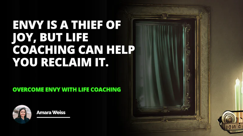 A large mirror hangs on the wall, surrounded by a white curtain. In the reflection, a woman is visible wearing a pink shirt and smiling at the camera. Also in the frame is a metal object, a black background with white text, a screenshot of a woman's profile, and a white letter O on a black background. On the left side of the image is a green text box on a black background. The woman in the mirror appears to be content and comfortable in this setting.