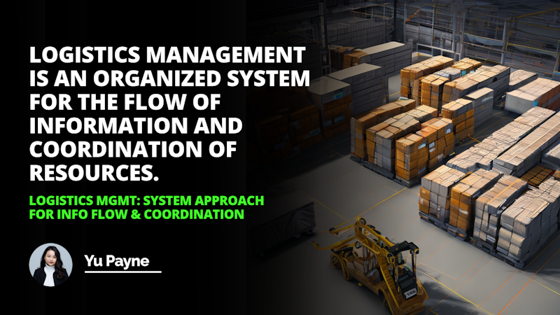 This image depicts a large warehouse with many boxed items stacked on top of each other. In the center of the warehouse stands a yellow forklift with a large door open, ready to transport the items. On the right side of the image, a woman in a white turtleneck and black jacket stands in the foreground. On the left side of the image, there is a screenshot of a black and white photo of a woman. In the corner of the image, there are three white letter Os on a black background. Lastly, on the bottom of the image there is a black background with white text. Altogether, this image depicts a busy warehouse, full of boxes and a forklift ready to move them.