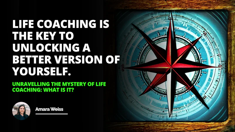 A compass with a red star is displayed on a blue and white background. The compass has a white letter 'O' in the center and a red star on the left. The star is surrounded by a black border and its points extend outwards. A woman is seen smiling at the camera in the bottom right corner. To the left of the woman, a screenshot of a phone is visible. Further to the left, a green text on a black background can be seen. The text is slightly curved and reads 'Explore the World'.