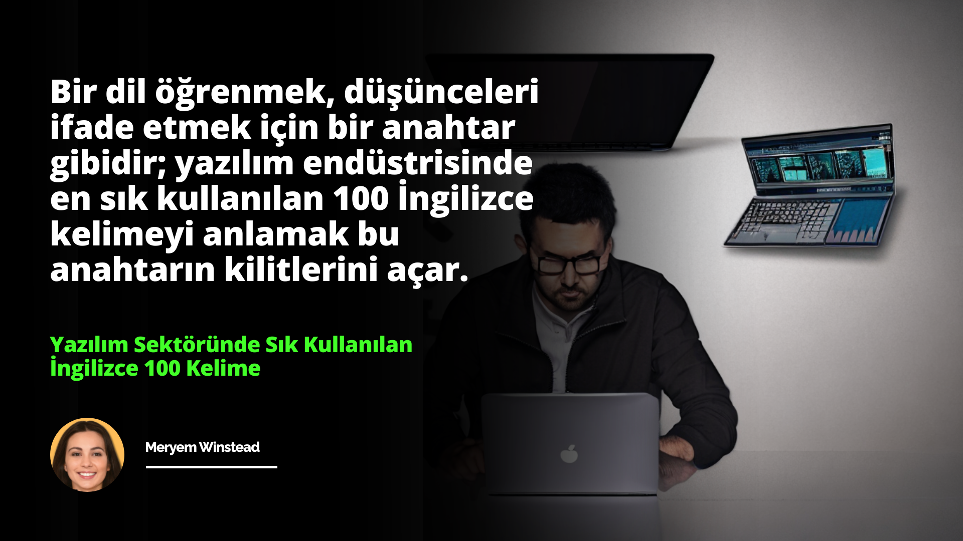 Gözlüklü ve siyah gömlekli genç bir adam, masanın üzerinde duran bir dizüstü bilgisayarın önünde oturuyor. Elleri klavyenin üzerinde ve yazı yazıyor gibi görünüyor. Dizüstü bilgisayar ekranında siyah bir arka plan ve yeşil bir metin görülüyor. Dizüstü bilgisayarın sol tarafında bir kadın yüzünün yakın çekimi var. Sağ tarafta bir bilgisayar ekranının yakın çekimi var. Arka planda birinin yüzünün yakın çekimi var. Adam elindeki işe konsantre olmuş, bir şey üzerinde çalışmak için dizüstü bilgisayarı kullanıyor.