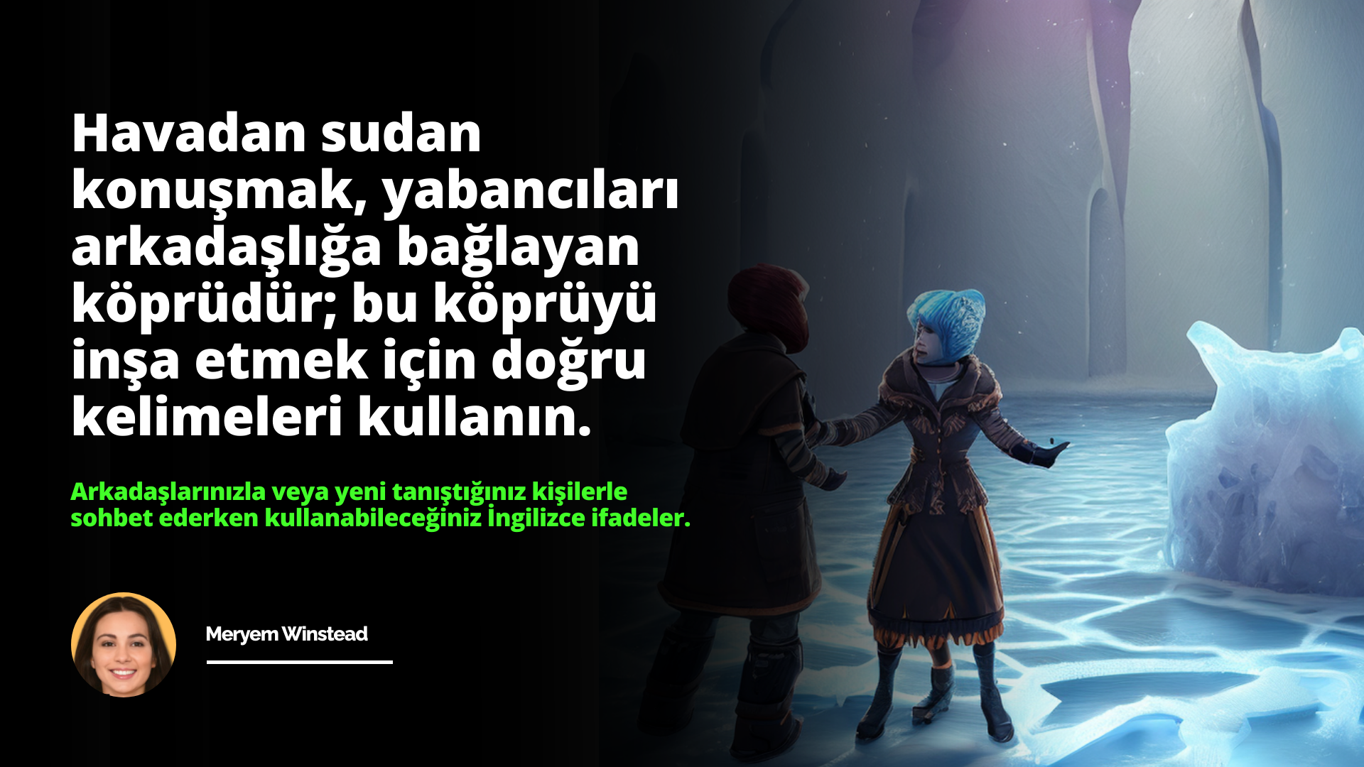 Bir grup insan berrak, sığ suda duruyor, yüzleri parlak, güneşli gün tarafından aydınlatılıyor. Su derin, turkuaz mavisi ve gökyüzü masmavi mavinin parlak bir tonu. Bir kişi mavi bir şapka ve atkı takmış, büyük, beyaz bir duvarın önünde oturuyor. Başka bir kişi kucağında bir çocuk tutmaktadır. Arka planda mavi bir buzdağının yakın çekimi ve elbiseli bir kadın karikatürü görülmektedir. Ayrıca bir kadının yüzünün yakın çekimi, bir kişinin bacağı havada ve beyaz metinli siyah bir arka plan var. Son olarak, mavi saçlı bir kişi ve siyah zemin üzerinde yeşil bir metin görülebiliyor. Güzel ve sakin bir sahne.