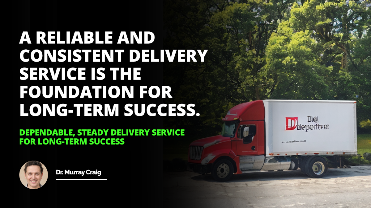 A red truck with the words 'DJI Deleperter' on the side is parked on a road with a stand of trees. A man in a suit stands in front of the truck. The text reads "A reliable and consistent delivery service is the foundation for long-term success. Dependable, steady delivery service for long-term success."