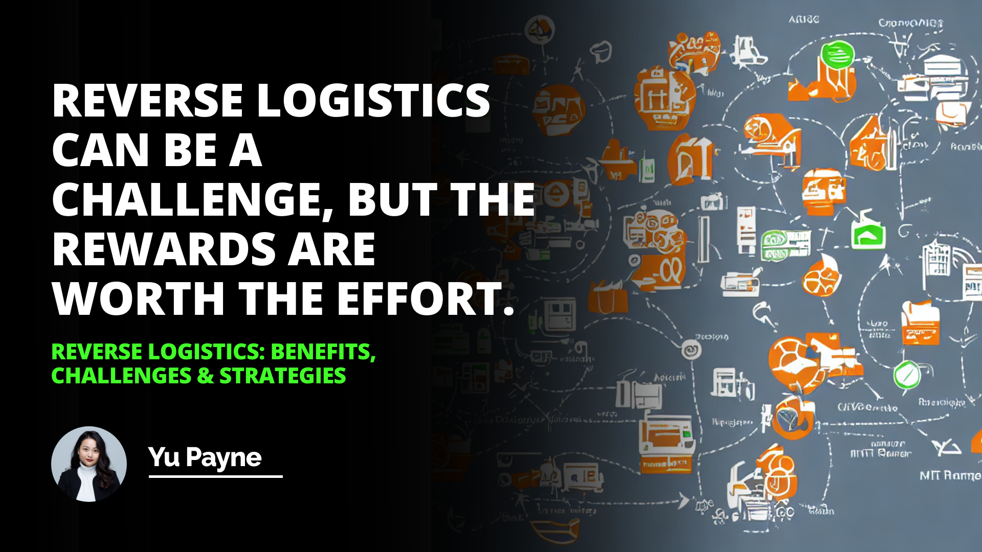 A complex diagram of a reverse logistics management process, with interconnected elements representing raw products, finished products, customer returns, inventory costs, customer service accuracy, tracking shipments, warehousing and transportation, displayed in bright blues, greens, and oranges with lighter shades for the interconnecting lines and reds, yellows, and black for icons and text labels.