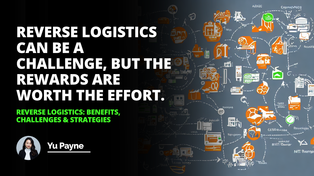 A complex diagram of a reverse logistics management process, with interconnected elements representing raw products, finished products, customer returns, inventory costs, customer service accuracy, tracking shipments, warehousing and transportation, displayed in bright blues, greens, and oranges with lighter shades for the interconnecting lines and reds, yellows, and black for icons and text labels.
