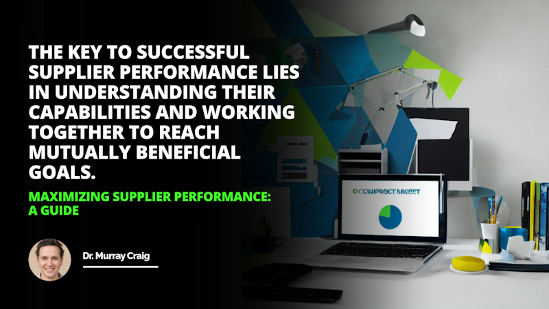 A modern office with a computer, desk, and playful color palette. On the computer monitor a graph displays supplier performance data including cost, benefits, risk, noncompliance, strategic process planning, resources visibility, customer satisfaction, operational efficiency, market update, quality timeline, pricing, and contract adjustments. The workspace is cluttered with paperwork related to the same topic.