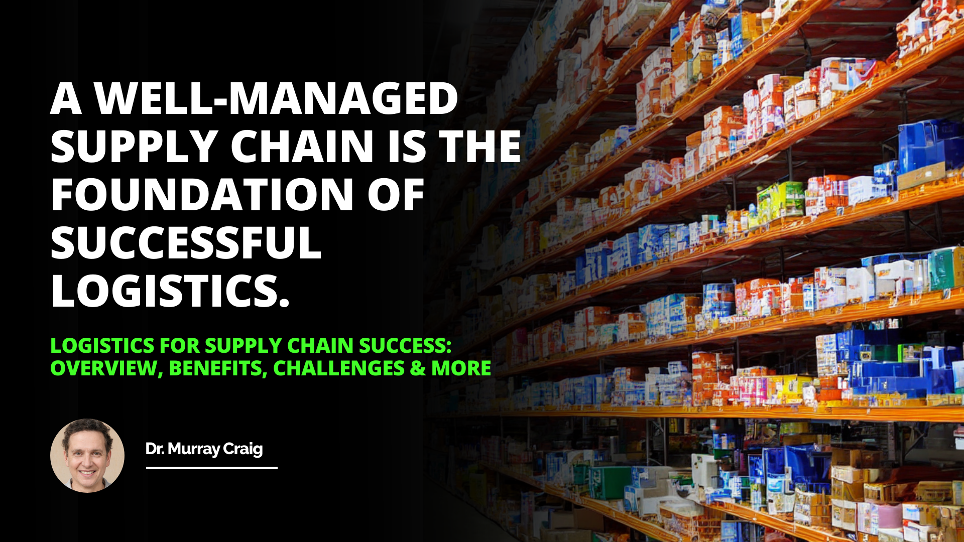 Bright and cheerful warehouse full of shelves labeled with words related to supply chain management, including logistics, customer service, operations, marketing, finance, and more, with graphs and charts in the background depicting improved customer service, cost savings, improved efficiency, increased profits, timely manner, streamlining processes, inventory reduction, and waste reduction.