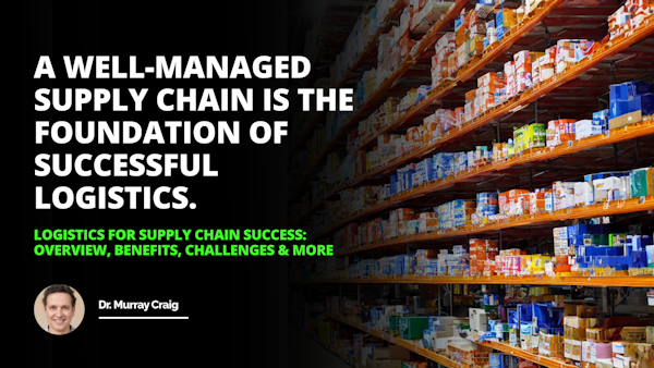 Bright and cheerful warehouse full of shelves labeled with words related to supply chain management, including logistics, customer service, operations, marketing, finance, and more, with graphs and charts in the background depicting improved customer service, cost savings, improved efficiency, increased profits, timely manner, streamlining processes, inventory reduction, and waste reduction.