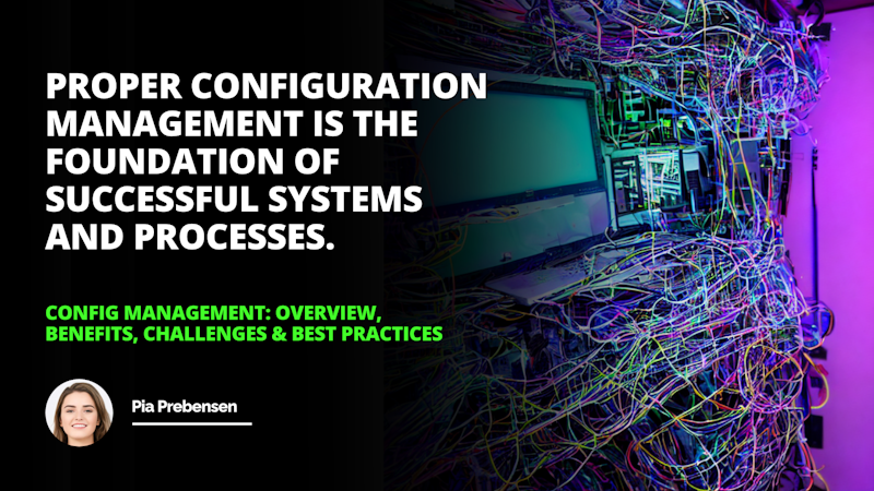 Computer monitor surrounded by complex network of colored wires and circuits representing configuration, change and other management tools on a blue and purple gradient background with yellow accents