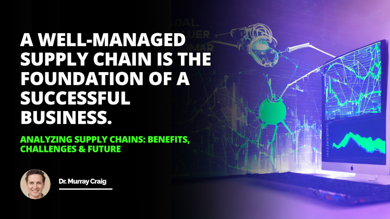 Robotic arm with glowing blue light, AI-driven dashboard, and chart displaying customer satisfaction, profitability, and data with bright blues and purples for a futuristic look for supply chain analytics.