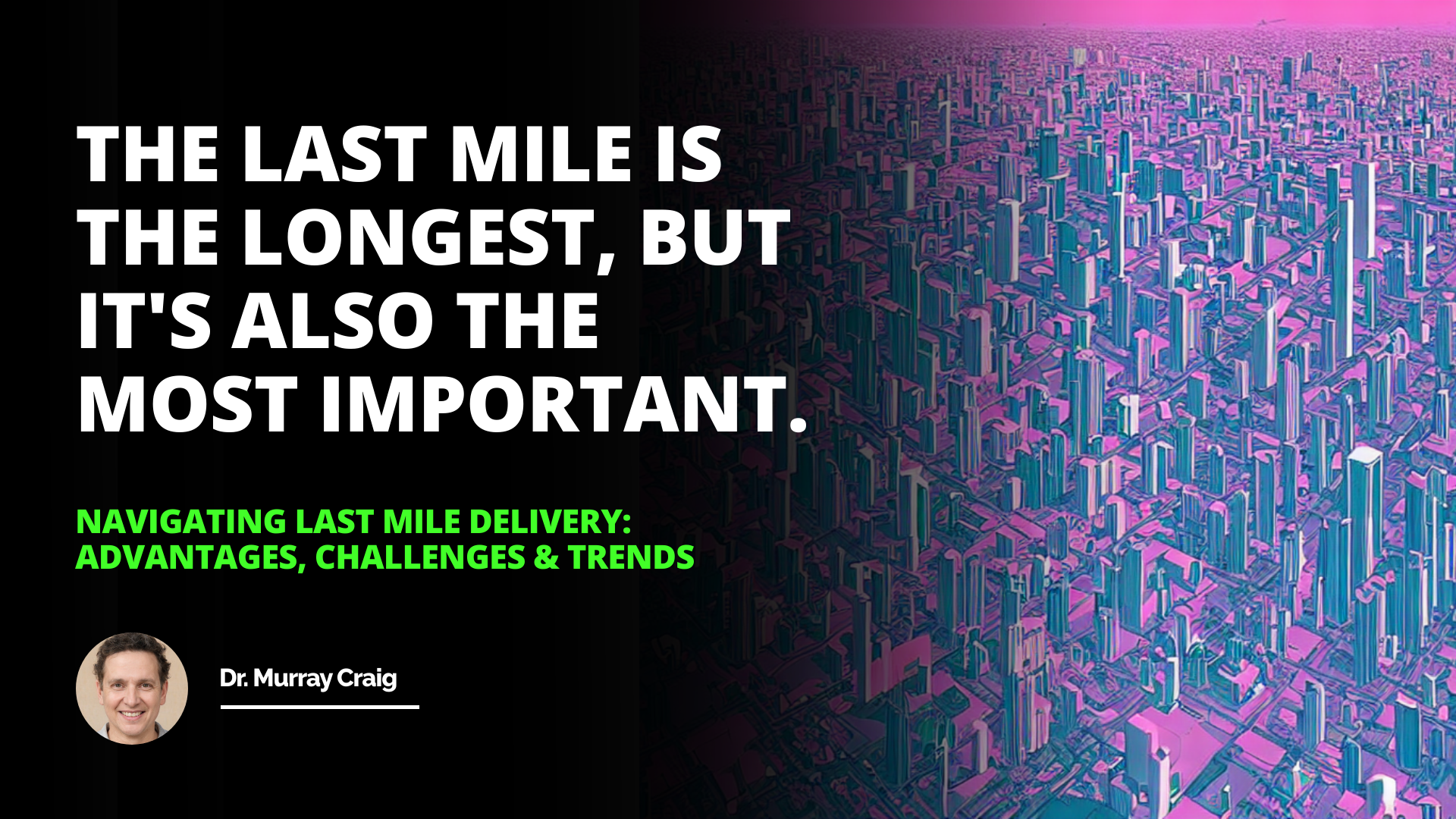 Vibrant futuristic cityscape featuring Amazon delivery truck, drones, autonomous vehicles and crowdsourced delivery people; with supply chain management, customer satisfaction, faster delivery, reduced costs and environmental impact symbols, conveying convenience and progress.