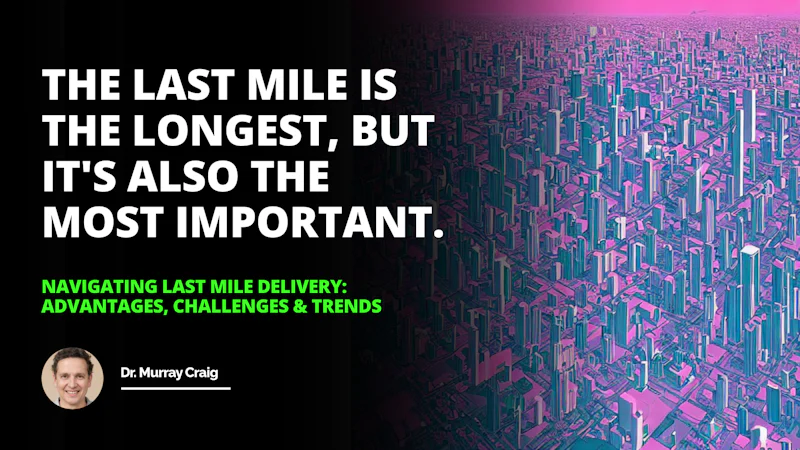 Vibrant futuristic cityscape featuring Amazon delivery truck, drones, autonomous vehicles and crowdsourced delivery people; with supply chain management, customer satisfaction, faster delivery, reduced costs and environmental impact symbols, conveying convenience and progress.