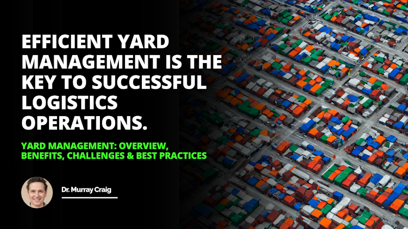 Image of a well-managed warehouse yard, featuring trucks and vehicles parked in neat rows, people in the foreground to monitor operations, and safety signage in the background indicating best practices for yard management, such as planning and scheduling, tracking assets, optimizing inventory and monitoring operations. Vibrant colors, including blues, grays, greens and oranges.