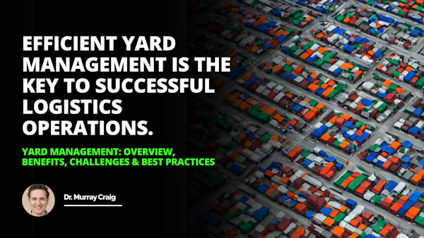 Image of a well-managed warehouse yard, featuring trucks and vehicles parked in neat rows, people in the foreground to monitor operations, and safety signage in the background indicating best practices for yard management, such as planning and scheduling, tracking assets, optimizing inventory and monitoring operations. Vibrant colors, including blues, grays, greens and oranges.