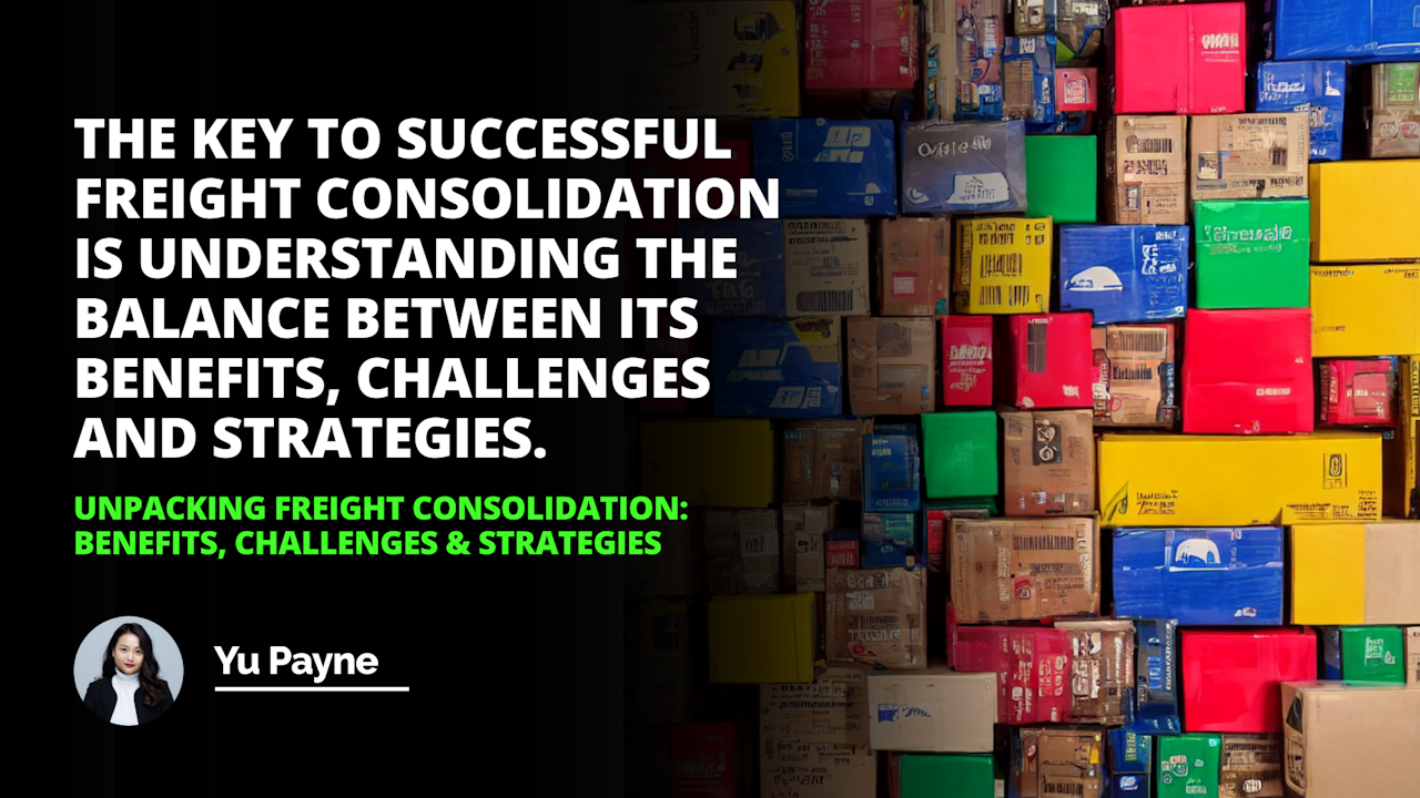 A vibrant photo of a group of packages, boxes, and containers connected together in creative and efficient ways, as a person looks on in satisfaction. The scene symbolizes freight consolidation and all the potential benefits it offers.