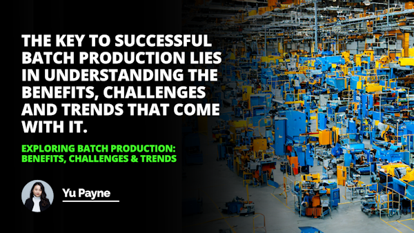 Vibrant image of a modern factory in shades of blue, green, yellow, and orange with machines, laborers, and a skyline featuring buildings representing growth in industry and productivity, with text 'Multiple Items in a Single Batch' overlayed, illustrating the idea of batch production.