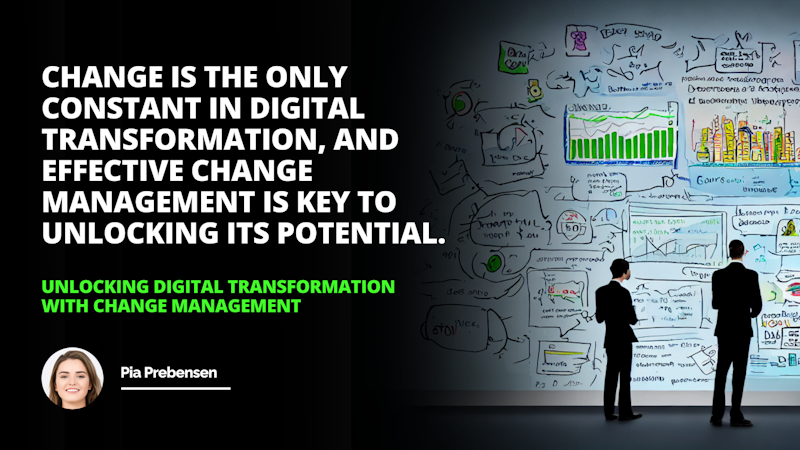 Alt Text: Business executive confidently studying computer graph chart with words Digital Transformation and related topics such as Change Management, Benefits, Challenges, Strategies, Process, Technology, Culture, Customer Experiences, Agility, Efficiency, Markets, Products, Segments, Adoption, Decisions, Investments, Satisfaction, Productivity, Engagement, and Advantage in muted blue and green color palette.