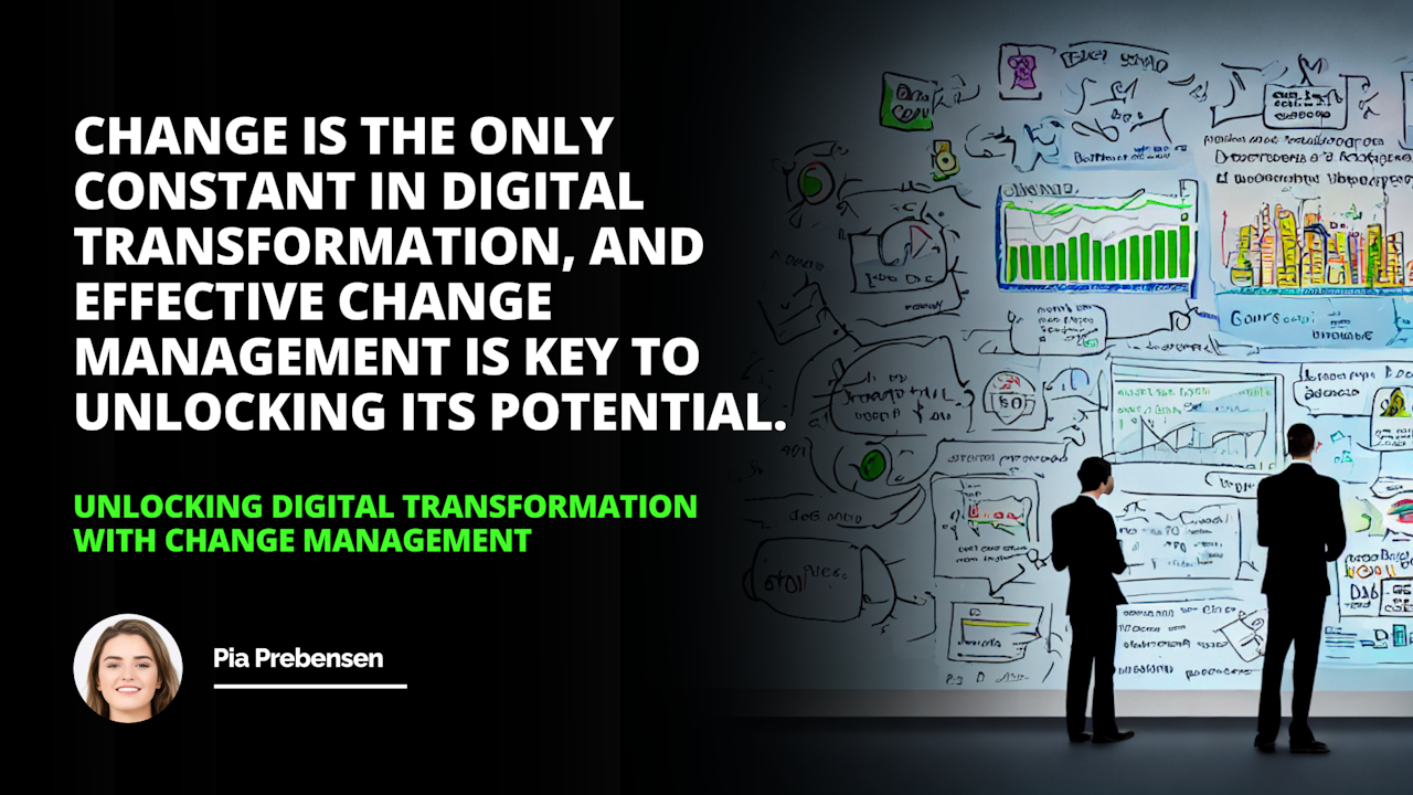 Alt Text: Business executive confidently studying computer graph chart with words Digital Transformation and related topics such as Change Management, Benefits, Challenges, Strategies, Process, Technology, Culture, Customer Experiences, Agility, Efficiency, Markets, Products, Segments, Adoption, Decisions, Investments, Satisfaction, Productivity, Engagement, and Advantage in muted blue and green color palette.