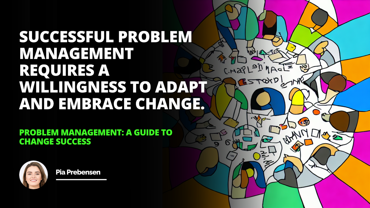 A diverse group of people brainstorming in a circle and discussing management strategies, such as change management, problem identification, root cause analysis, problem resolution, monitoring, surveys, interviews, focus groups, brainstorming, 5 Whys Method, processes, training, staff, progress, impact and solution. The illustration is vibrant and colorful with blues and greens dominating the scene.