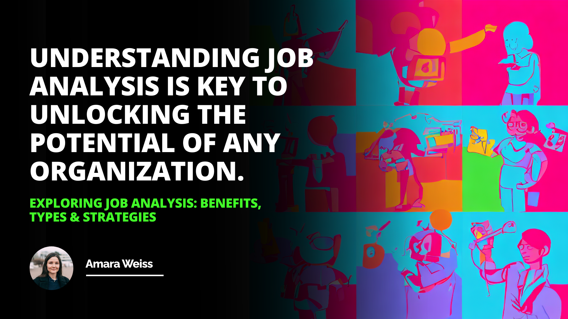 An AI-generated image with a bright, vibrant color palette featuring three distinct figures representing task-oriented job analysis (blues and greens), competency-based job analysis (oranges and yellows), and systematic job analysis (reds and purples). The figures represent a person carrying out a task with a checklist, a person with their arms outstretched in the shape of a star or circle, and gears turning together to form an intricate machine or system.