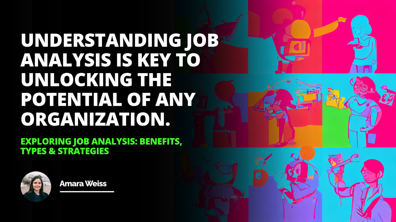 An AI-generated image with a bright, vibrant color palette featuring three distinct figures representing task-oriented job analysis (blues and greens), competency-based job analysis (oranges and yellows), and systematic job analysis (reds and purples). The figures represent a person carrying out a task with a checklist, a person with their arms outstretched in the shape of a star or circle, and gears turning together to form an intricate machine or system.