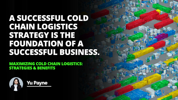 Illustration of a cold chain logistics system featuring blue, green, and muted tones, with transportation, storage, specialized equipment, and temperature-sensitive products. Arrows and icons indicate movement and temperature regulation for waste and cost optimization.