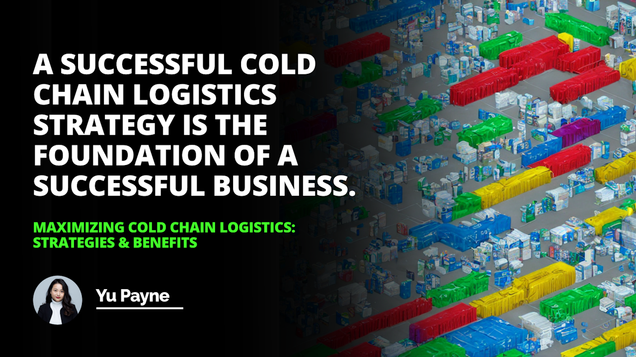 Illustration of a cold chain logistics system featuring blue, green, and muted tones, with transportation, storage, specialized equipment, and temperature-sensitive products. Arrows and icons indicate movement and temperature regulation for waste and cost optimization.