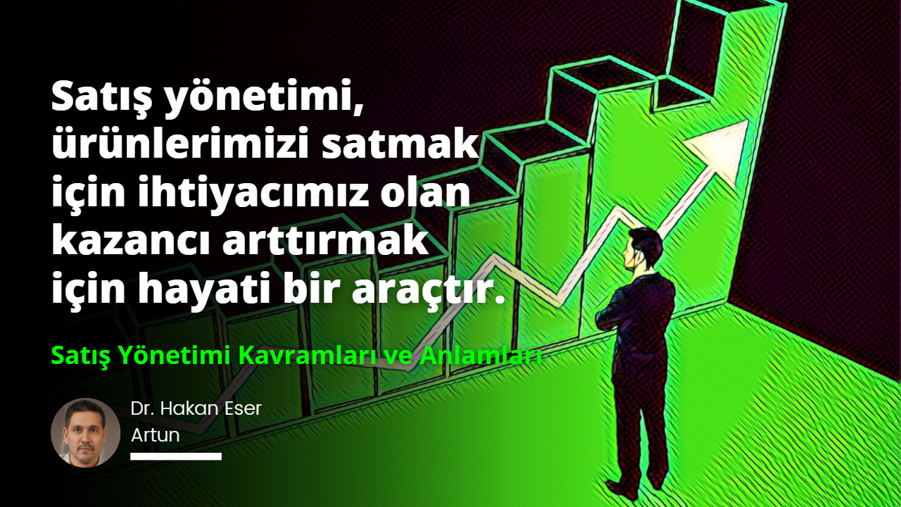 Satış yönetimi özellikle satış ekiplerinin başarısını desteklemek için çok önemlidir. Satış yönetimi, kavramları ve anlamlarını simgelemk üzere artan bir grafik ve satış uzmanını temsil eden takım elbiseli kişi görsel olarak seçilmiştir.