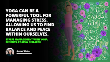 Stress Management Benefits: A Person Doing Yoga Poses in a Calming and Natural Environment, with Muted Colors of Blue, Green, and Purple