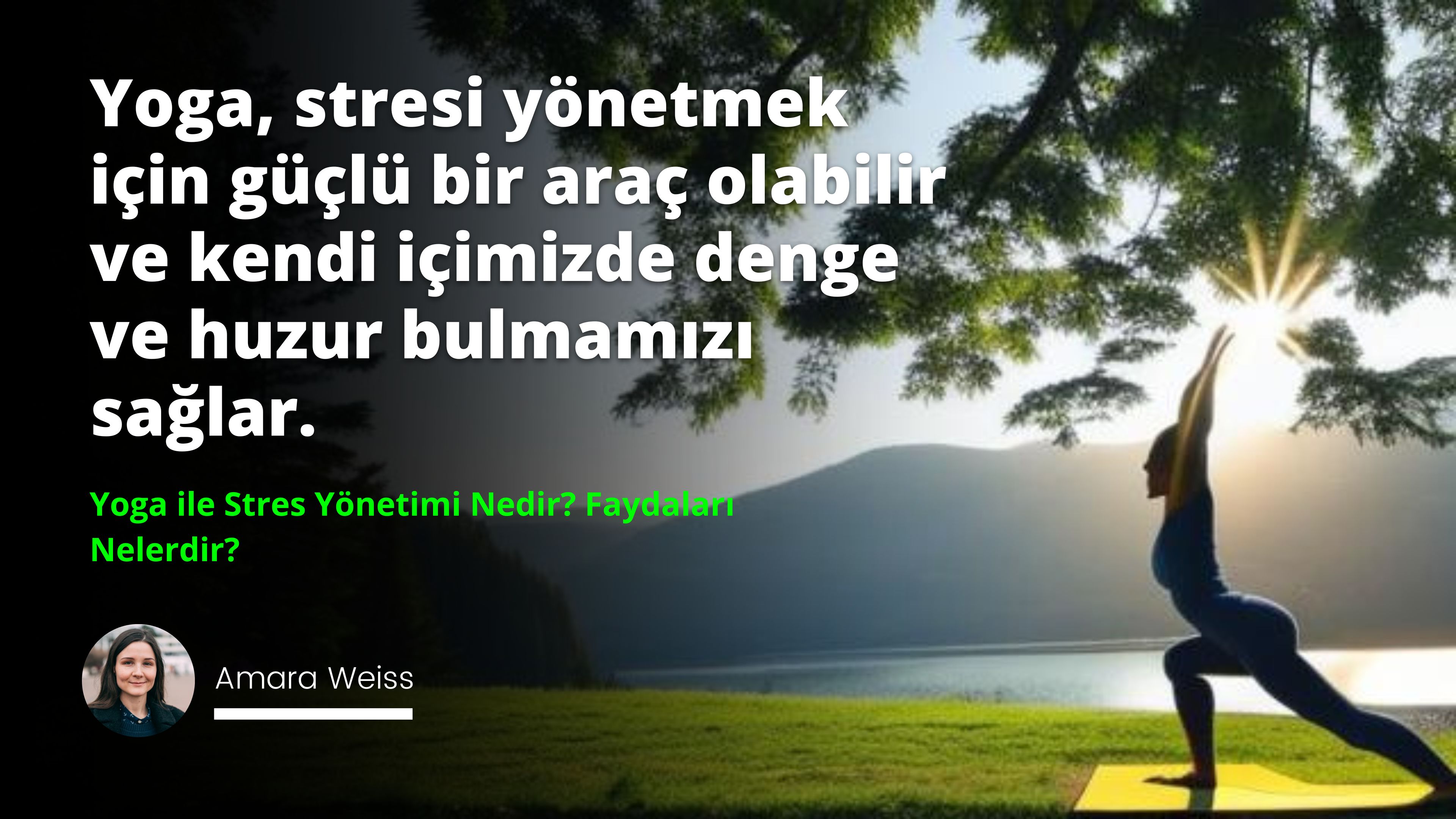 Bir kadın gölün yanındaki sarı patikada ayakta duruyor ve kollarını yoga pozunda uzatmış. Hafif esintiyle dalgalanan uzun, kahverengi saçları var. Yanında, üzerinde beyaz bir logo bulunan bir ağaç var. Yolun ilerisinde yeşil bir çim alan üzerinde beyaz bir 'o' harfi ve üzerinde mavi bir gökyüzü var. Görüntünün arka planı siyah ve üzerinde beyaz harfler var. Yolun ilerisindeki sarı ve yeşil çimenler koyu arka planda göze çarpıyor. Kadın memnun ve huzurlu bir şekilde uzaklara bakıyor.