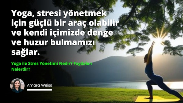 Bir kadın gölün yanındaki sarı patikada ayakta duruyor ve kollarını yoga pozunda uzatmış. Hafif esintiyle dalgalanan uzun, kahverengi saçları var. Yanında, üzerinde beyaz bir logo bulunan bir ağaç var. Yolun ilerisinde yeşil bir çim alan üzerinde beyaz bir 'o' harfi ve üzerinde mavi bir gökyüzü var. Görüntünün arka planı siyah ve üzerinde beyaz harfler var. Yolun ilerisindeki sarı ve yeşil çimenler koyu arka planda göze çarpıyor. Kadın memnun ve huzurlu bir şekilde uzaklara bakıyor.