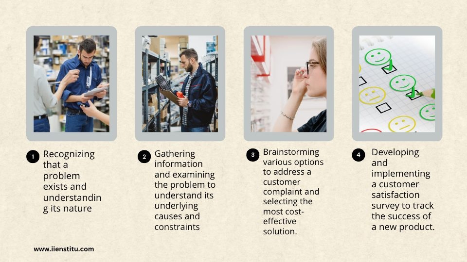 A good graphical representation of the problem-solving process would be to use a flowchart or mind map. For each stage of the process, you could include a brief description of the step, followed by an example of how it could be applied.