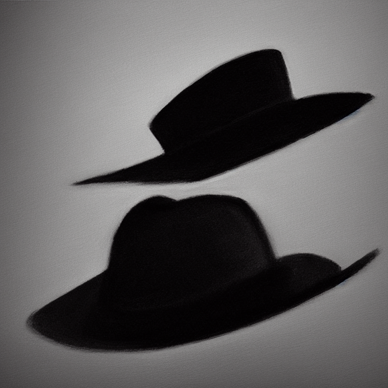 Two black hats are featured in this image. Both have wide brims and narrow crowns, and the hats have a slightly worn look. The right hat has a shorter brim that is folded upwards, and the left hat has a longer brim that is folded downwards. The hats have a deep black color that contrasts nicely with the background, and a few small details are visible on the surface of the fabric. The hats have a classic, timeless look that will never go out of style.