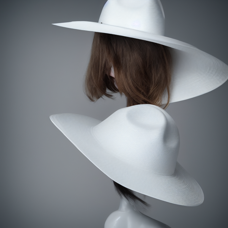 A young mannequin is seen wearing a hat. The hat is black and has a wide brim, with a band around the base. The mannequin is posed in a standing position, with its arms slightly outstretched and its head slightly tilted to the side. Its facial features are obscured, but its eyes are visible and its lips appear set in a neutral expression. Its hair is brown and pulled back from its face. The mannequin stands against a light grey background.